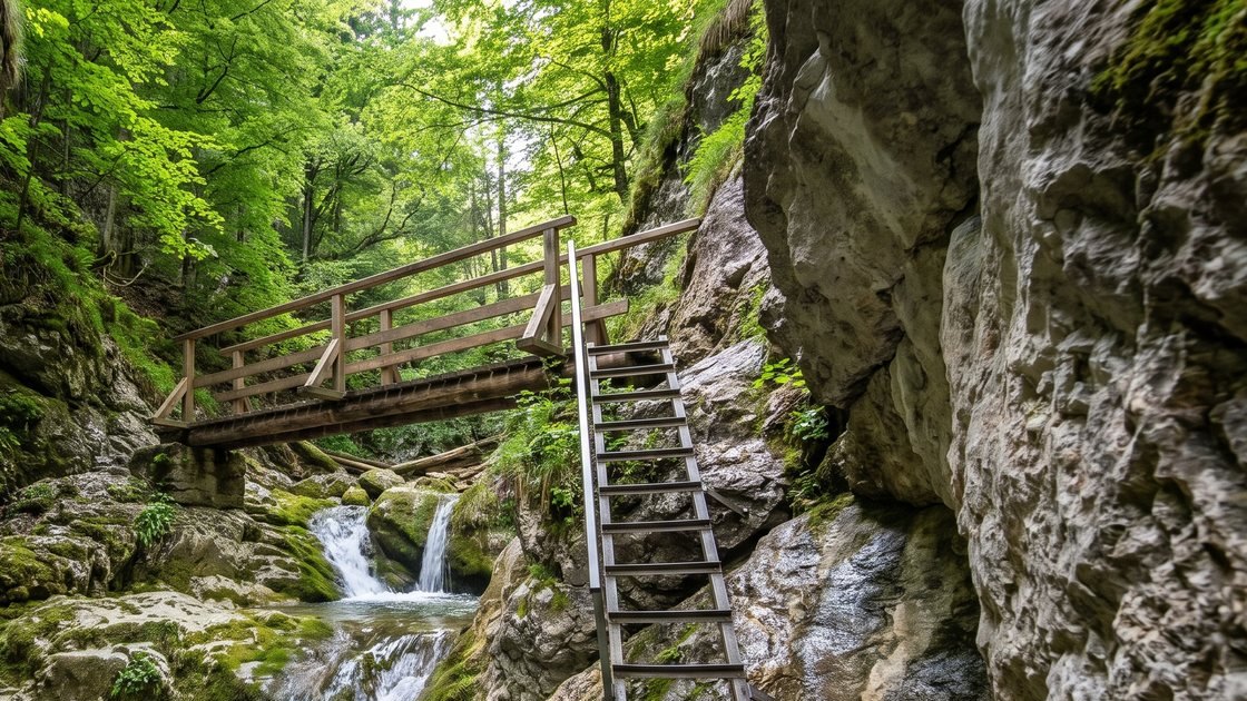 A wooden footbridge and metal ladder in a forested rocky gorge