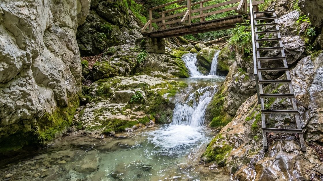 A waterfall and wooden footbridge in a narrow rocky gorge