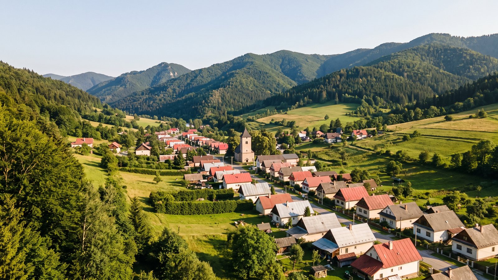 Dedina v doline pod zalesnenými hrebeňmi Malej Fatry