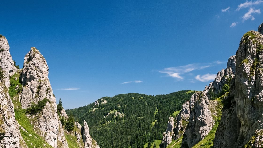 A valley between rock towers and a forested ridge under a clear sky