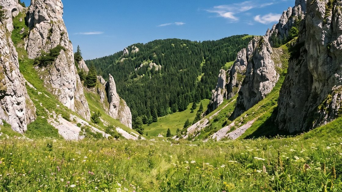 A flowering mountain meadow between limestone rocks above a forested valley