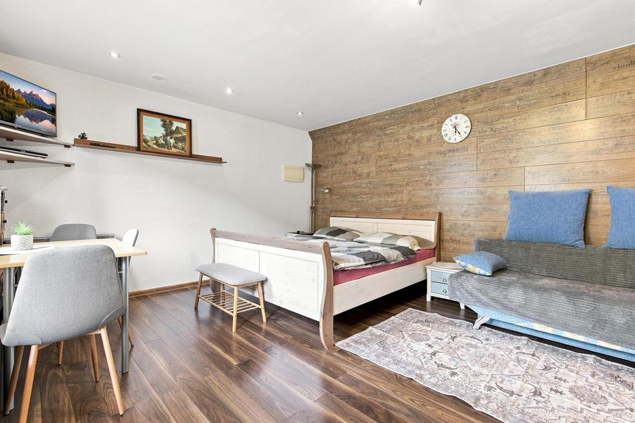 Apartmán s posteľou, jedálenským stolom a pohovkou